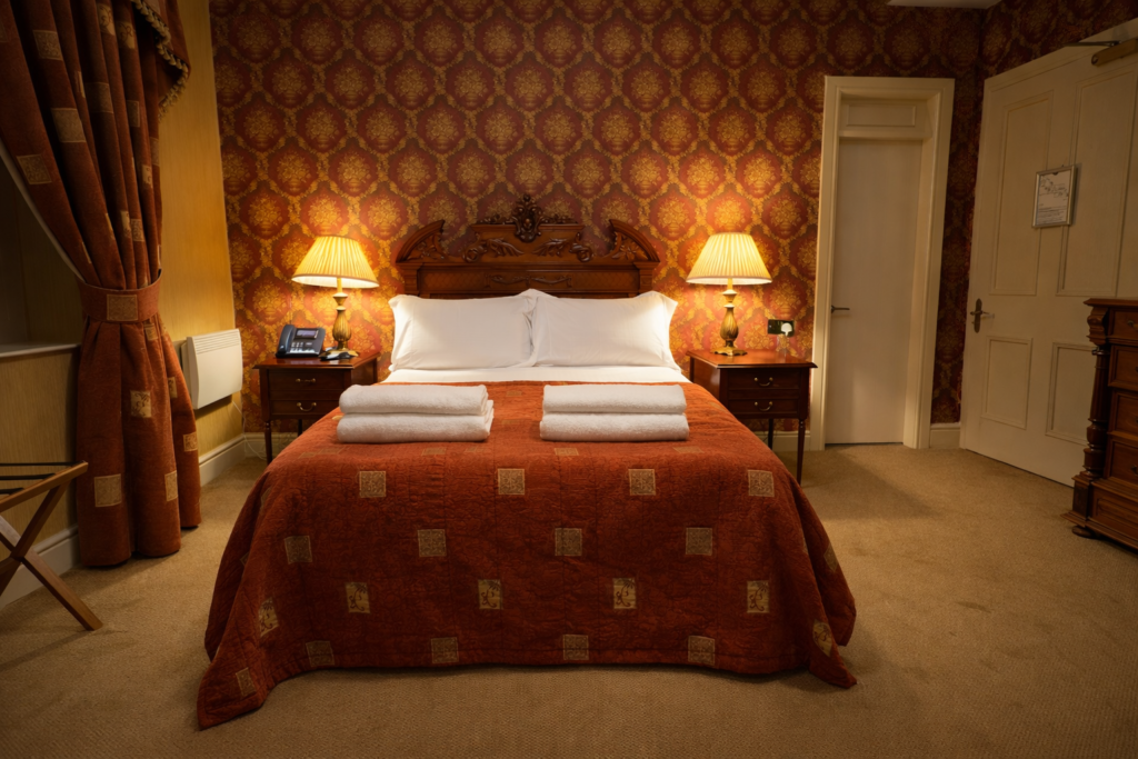 Cozy traditional double bedroom at Tre Ysgawen Hall, Anglesey, North Wales, with classic decor and comfortable furnishings