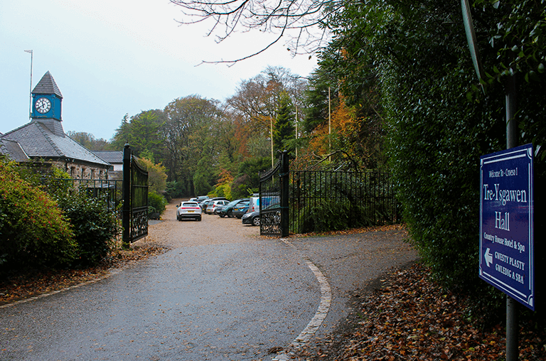 Tre-Ysgawen Hall gardens with vibrant greenery, sculptures, and peaceful woodland paths.