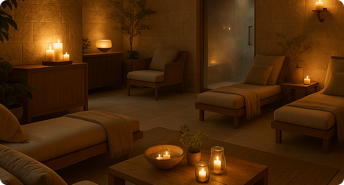 Relaxing spa lounge with warm lighting