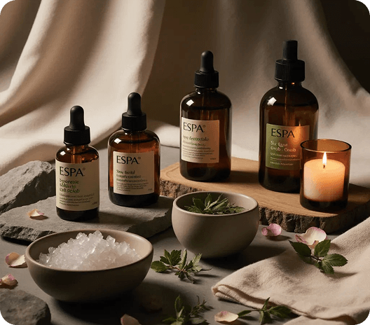 Spa products arranged on table