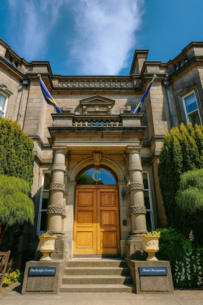 Grand stone entrance of Treysgawen Hall with classical columns, wooden doors, landscaped greenery, and blue sky.