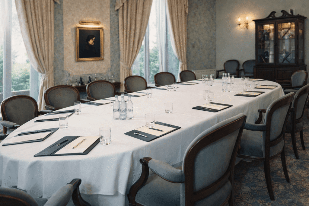 Meeting room setup at Treysgawen Hall with boardroom table and chairs
