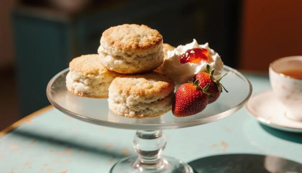 Fresh scones on a glass stand with strawberries, ready to serve with cream and jam.