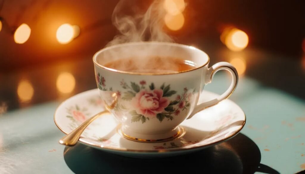 Floral teacup of hot tea on a saucer with a spoon and soft lights in the background.