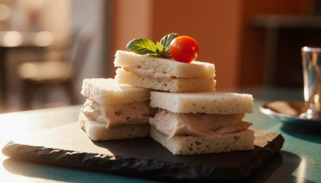 Stacked finger sandwiches on a serving board topped with salad garnish and cherry tomatoes.