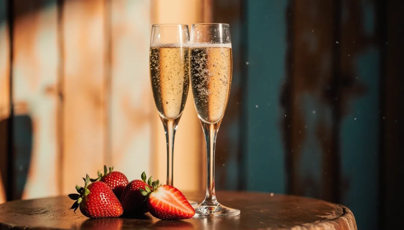 Two champagne flutes with sparkling prosecco beside a bowl of fresh strawberries.