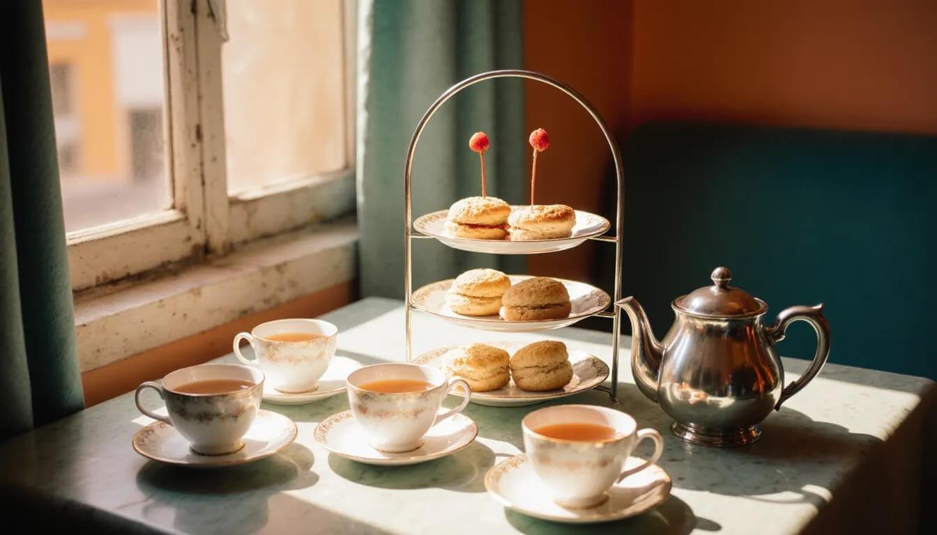 Stacked finger sandwiches on a serving board topped with salad garnish and cherry tomatoes.