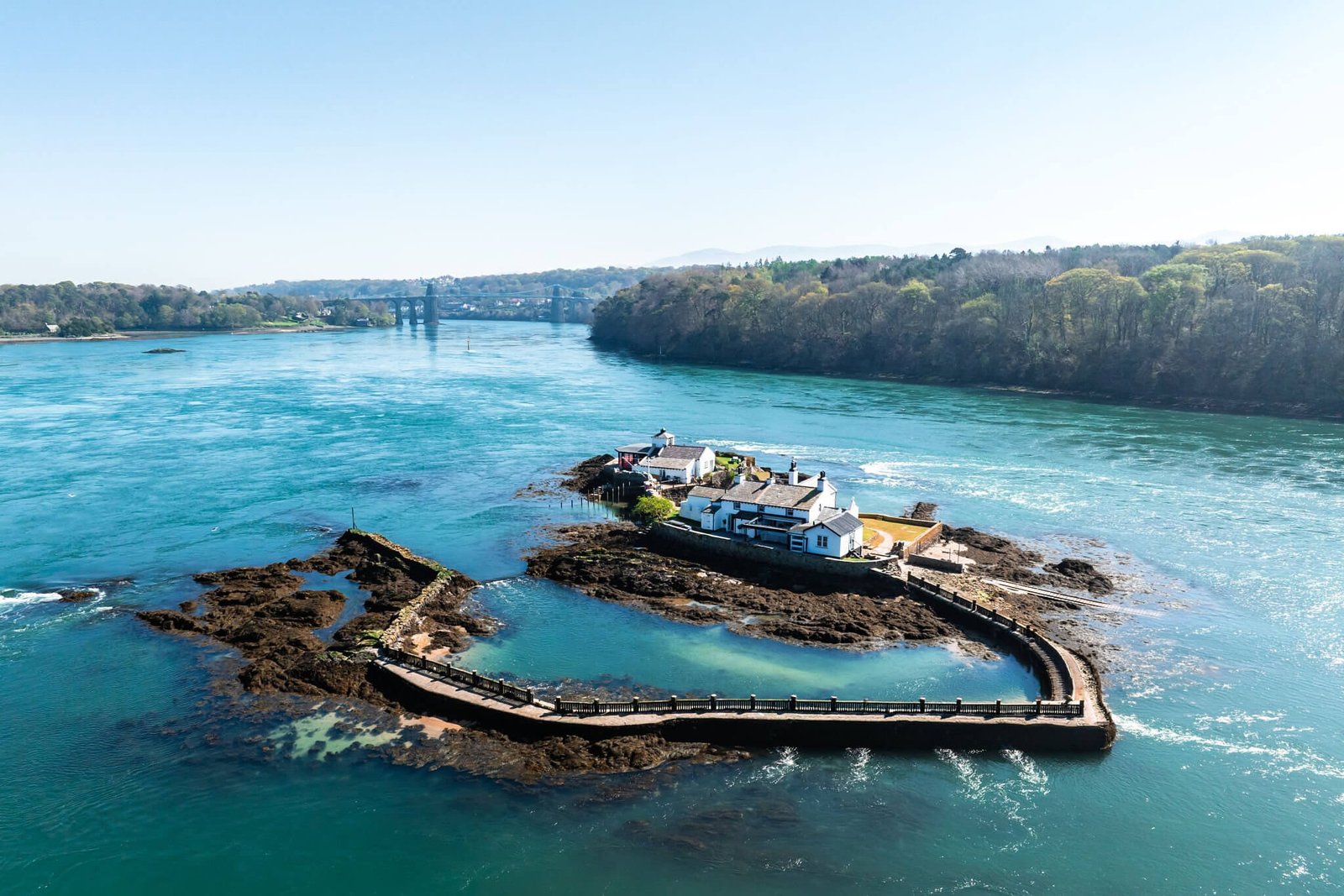 Aerial view of Church Island and St Tysilio’s Church on the Menai Strait, Anglesey, Wales