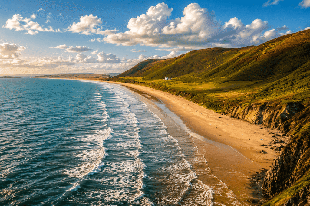Sandy beach and coastal cliffs on the Gower Peninsula in Wales