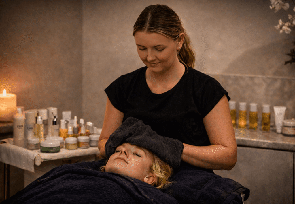 Luxury facial treatment at Tre-Ysgawen Hall Spa in Anglesey with therapist applying hot towel