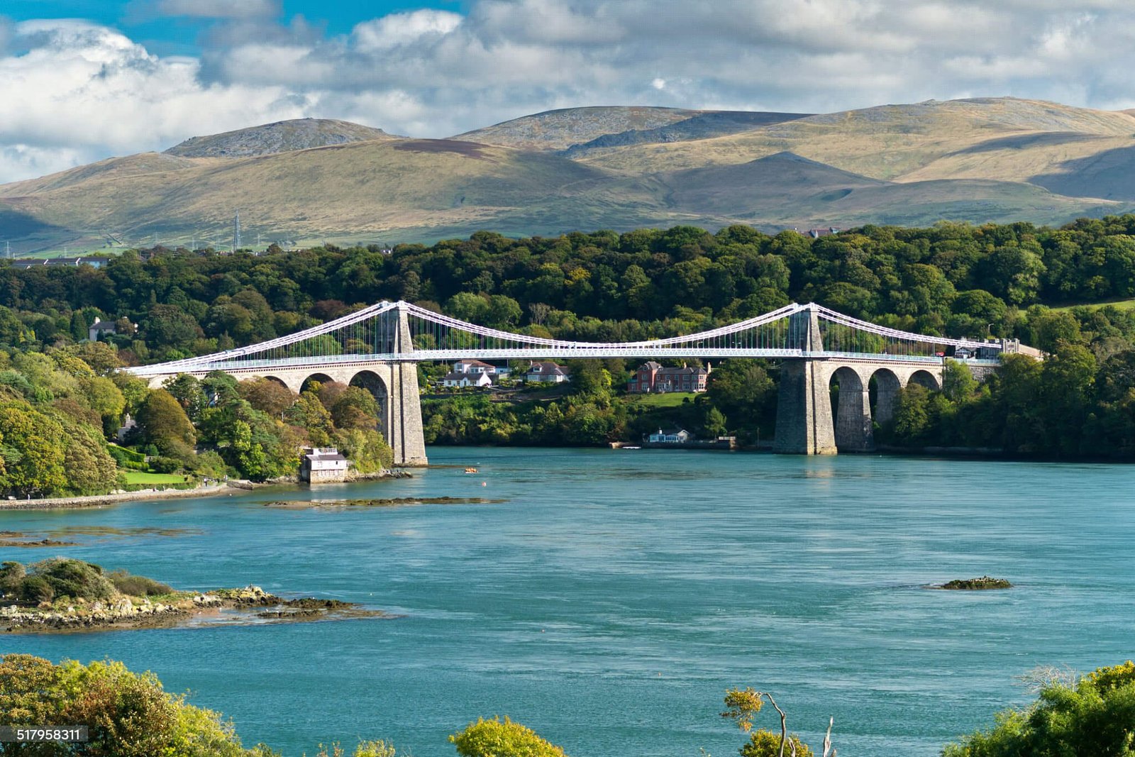 Menai Suspension Bridge spanning the Menai Strait between Anglesey and mainland North Wales