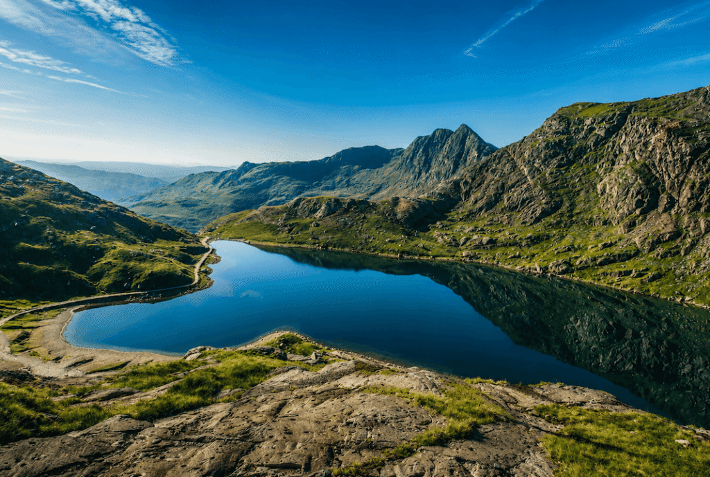Mountain and lake scenery in Snowdonia Eryri National Park