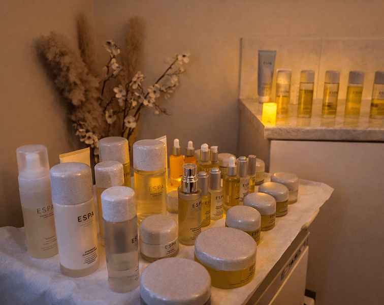 Luxury spa skincare products displayed at Tre-Ysgawen Hall Spa in Anglesey