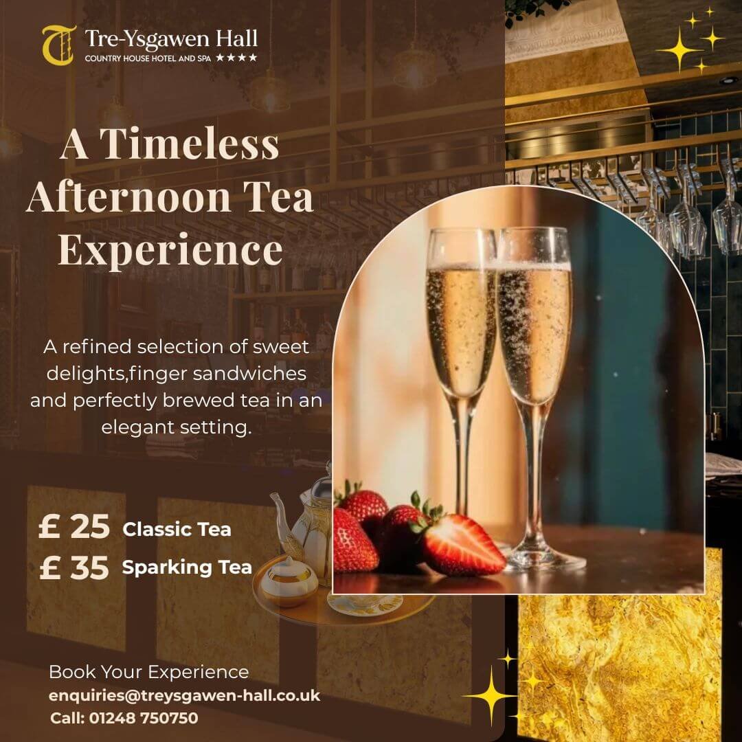 Tre-Ysgawen Hall afternoon tea experience with champagne and desserts in Anglesey