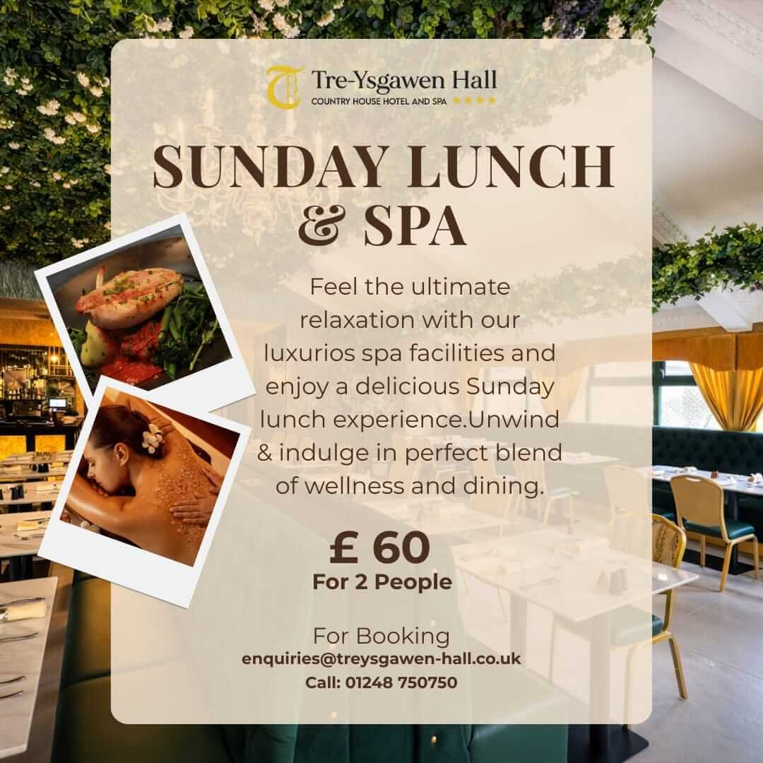 Tre-Ysgawen Hall Sunday lunch and spa offer with luxury dining and spa experience in Anglesey