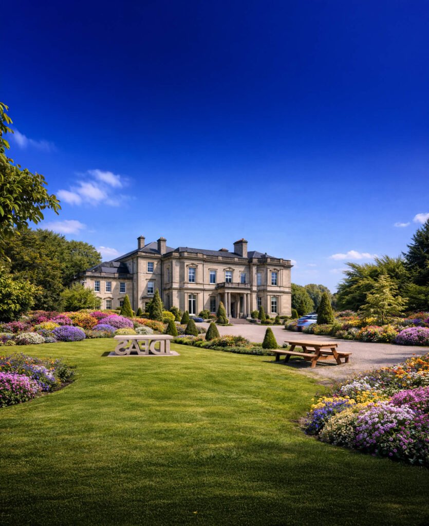 Tresgawen Hall hotel surrounded by landscaped gardens and colourful flower beds in Anglesey