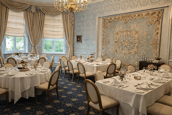 Britannia Room dining setup at Tre-Ysgawen Hall in Anglesey
