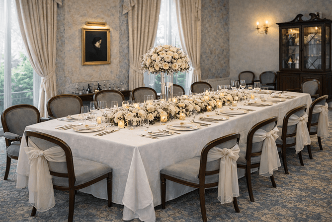 Capel Coch Room set for a private dining event at Tre-Ysgawen Hall