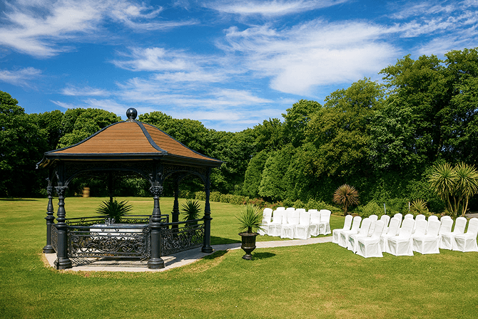 Outdoor wedding setup at the pavilion in Tre-Ysgawen Hall Anglesey