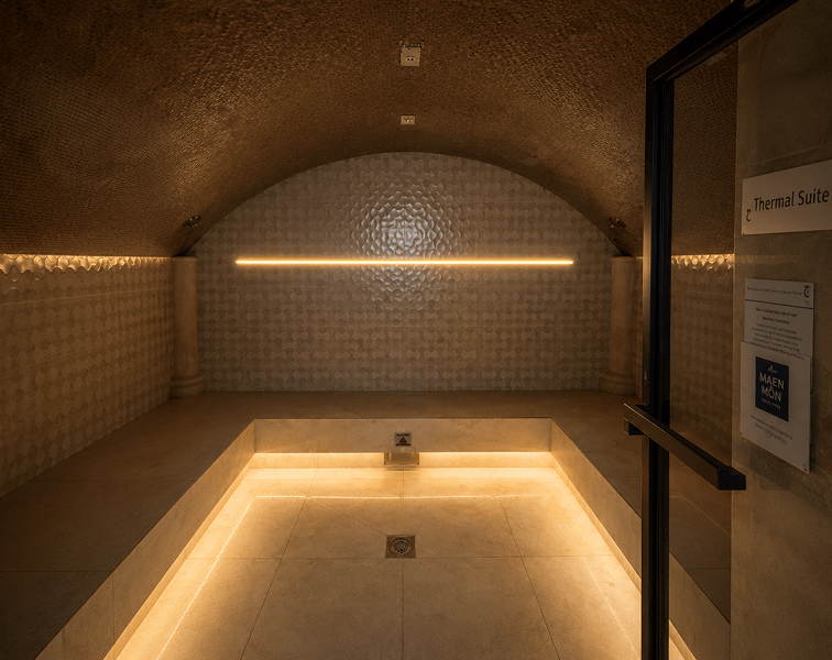Luxury Thermal Suite at Tre-Ysgawen Hall Hotel & Spa in Anglesey featuring a heated wellness room designed for relaxation and rejuvenation