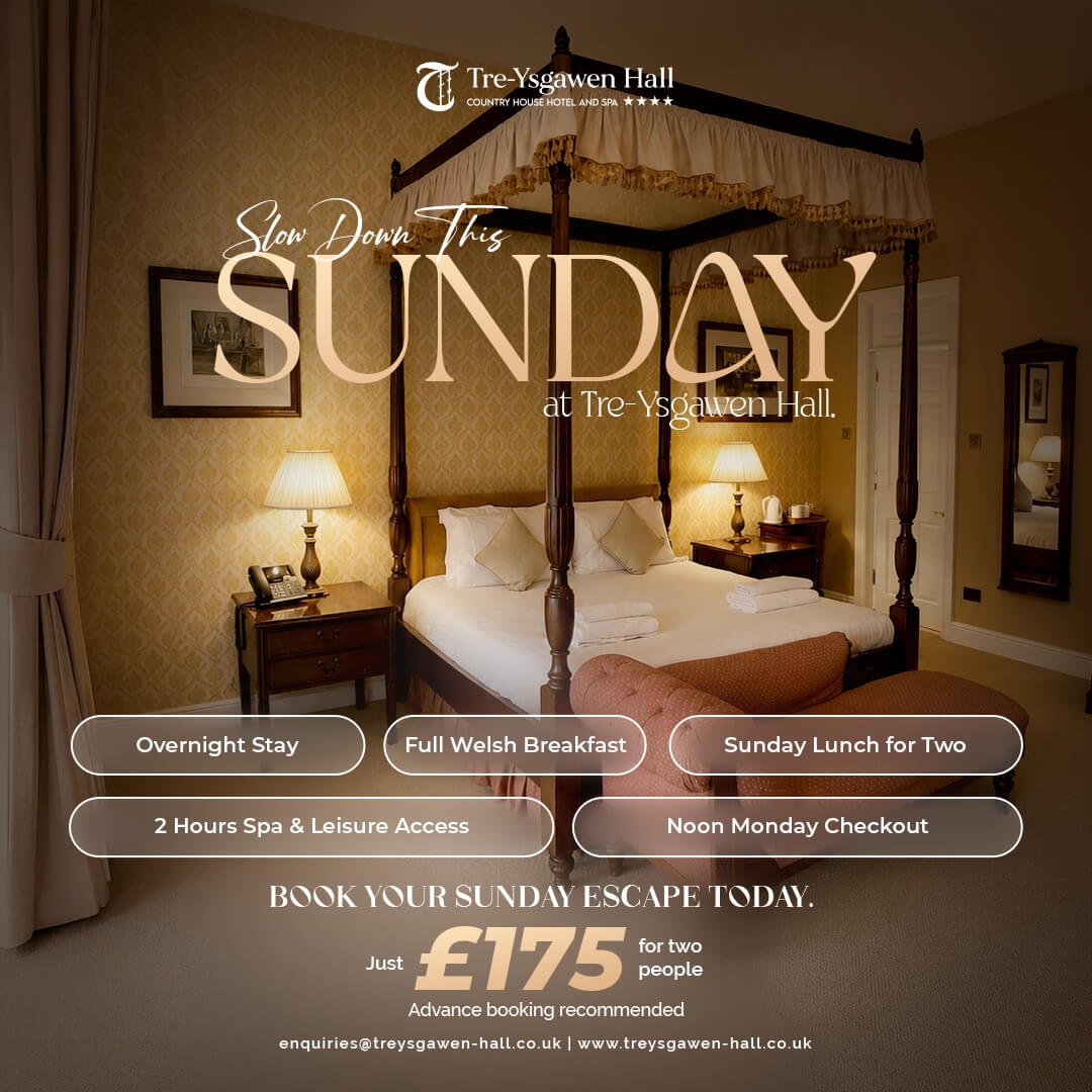 Four-poster bedroom at Tre-Ysgawen Hall promoting a Sunday overnight spa escape