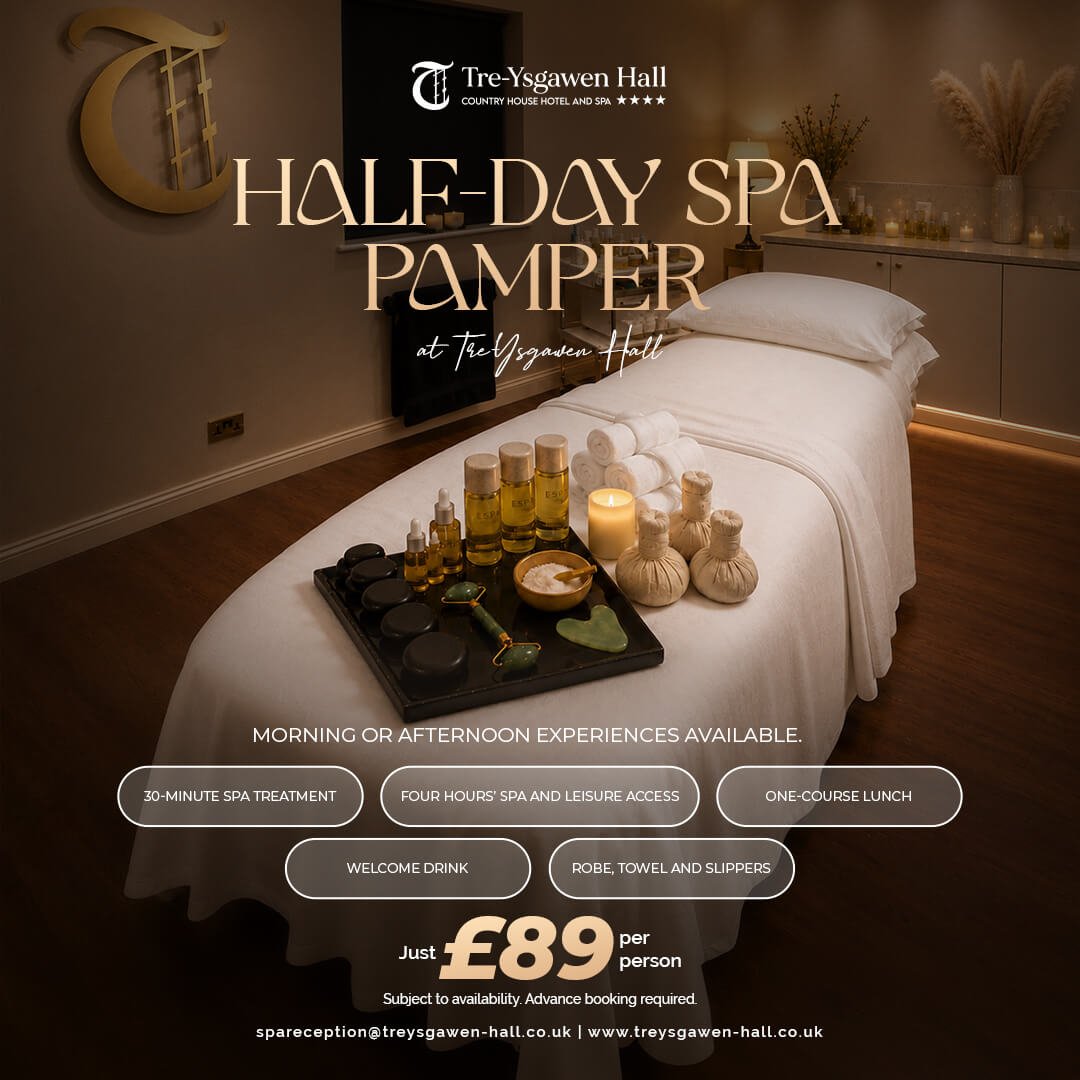 Half-Day Spa Pamper at Tre-Ysgawen Hall with a 30-minute treatment