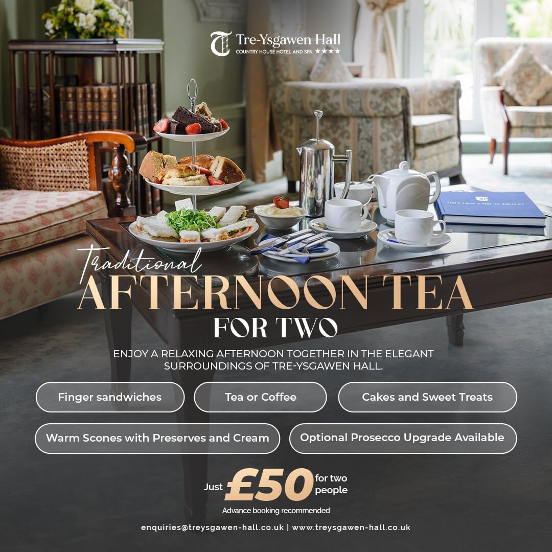 Traditional afternoon tea with sandwiches, scones, cakes and tea at Tre-Ysgawen Hall