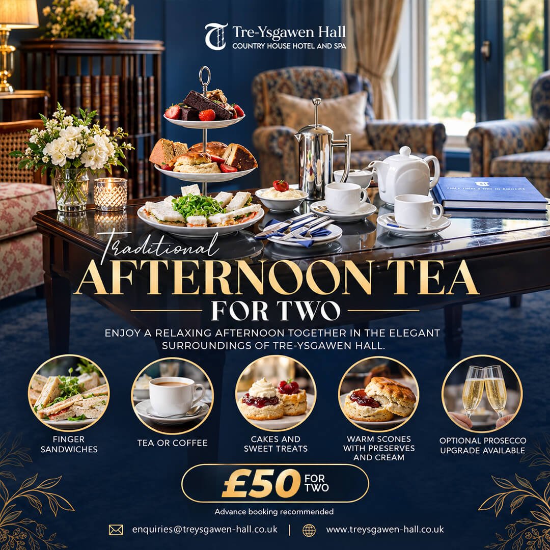Traditional afternoon tea with sandwiches, scones, cakes and tea at Tre-Ysgawen Hall