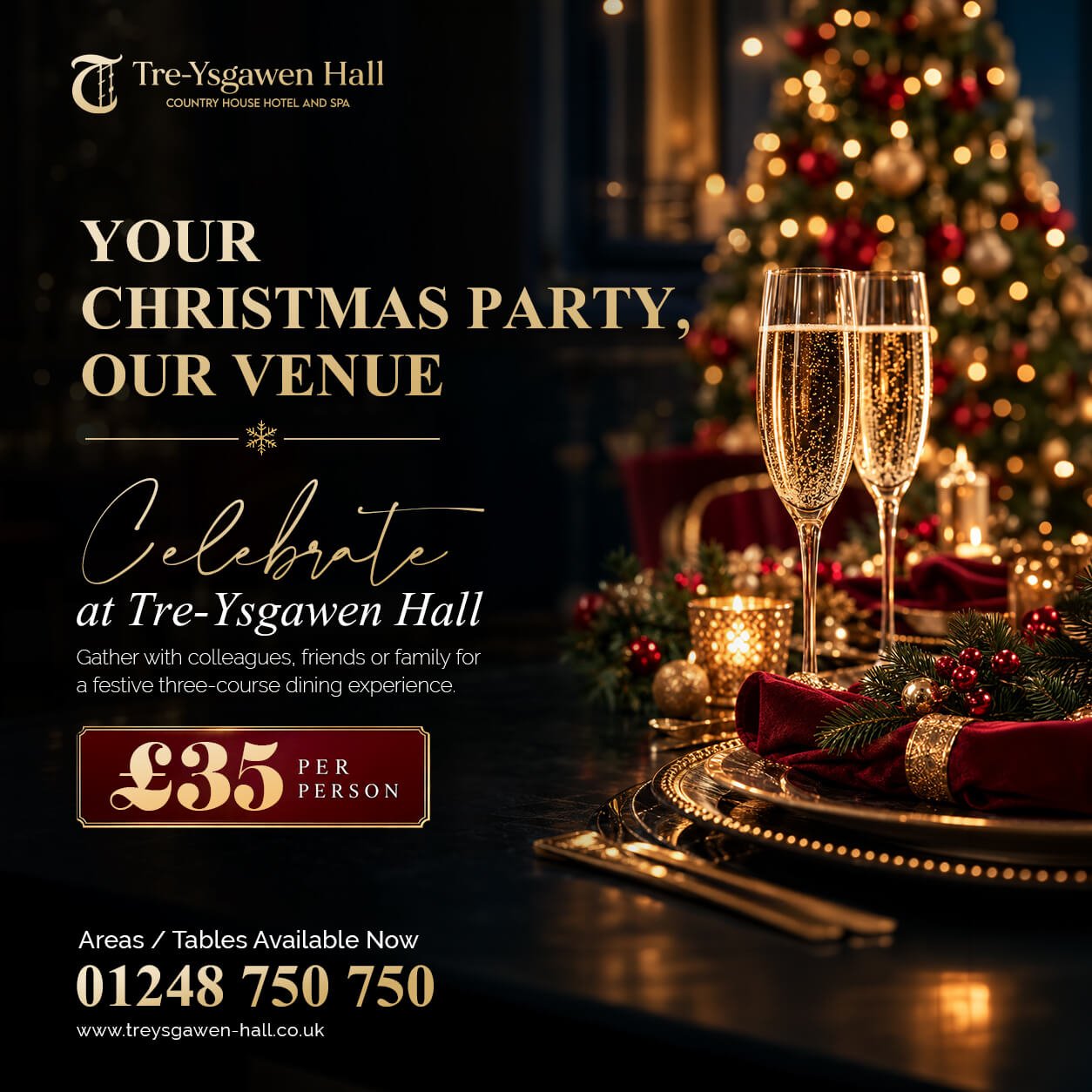 Christmas party dining at Tre-Ysgawen Hall in Anglesey, featuring festive table decorations and a three-course Christmas meal offer.