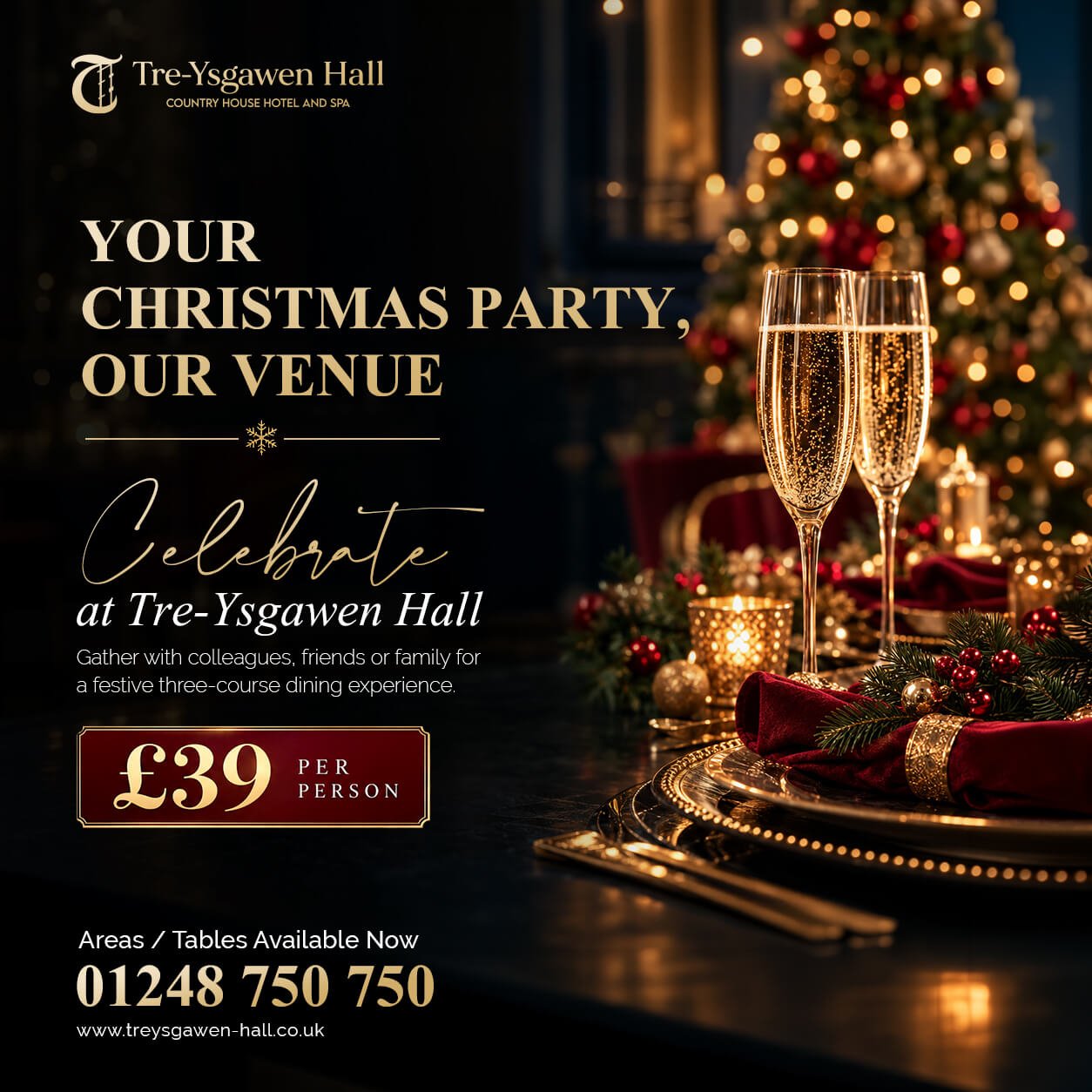 Christmas party dining at Tre-Ysgawen Hall in Anglesey, featuring festive table decorations and a three-course Christmas meal offer.