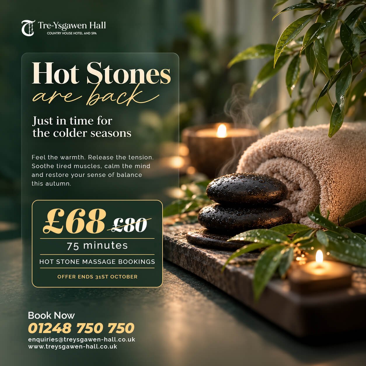 Hot stone massage autumn spa offer at Tre-Ysgawen Hall in Anglesey, showing heated massage stones, candles and towels, priced at £68.