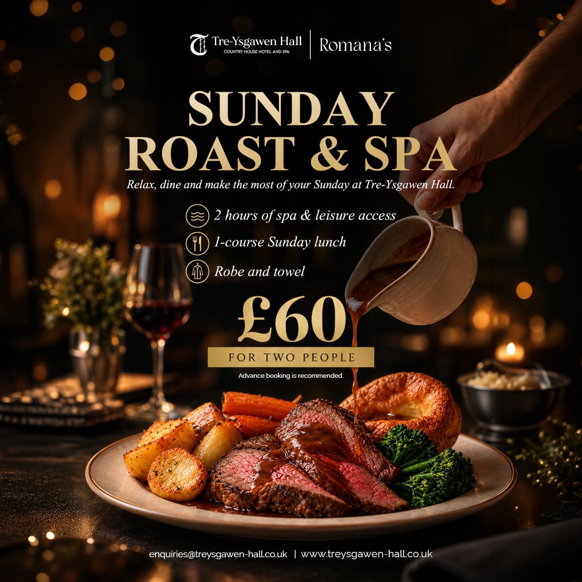 Sunday Roast & Spa offer at Tre-Ysgawen Hall in Anglesey, featuring a traditional roast dinner and two hours of spa access for two people.